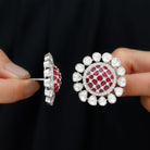 14k Gold and Polki Diamond Stud Earrings with Red Enamel - Rosec Jewels