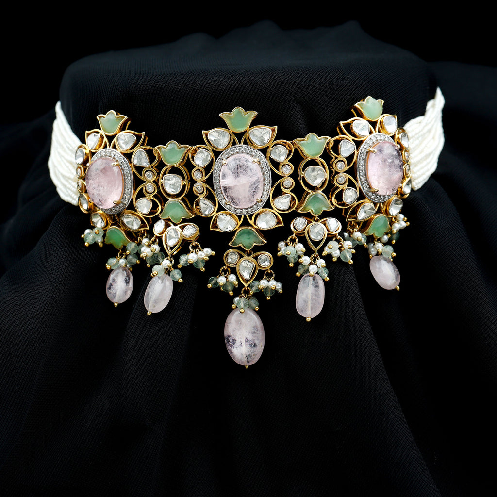 14k Gold Morganite and Diamond Polki Antique Choker Necklace with Created Emerald and Pearl